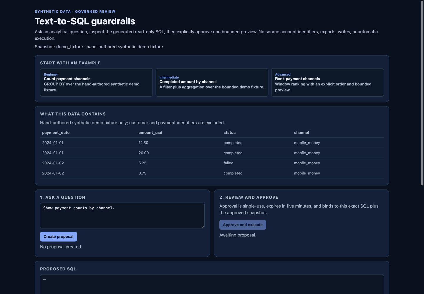 The live Text-to-SQL prototype showing example questions, the disclosed synthetic fixture, and separate ask and approval panels